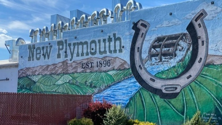 New Plymouth mural including horseshoe and waterwheel