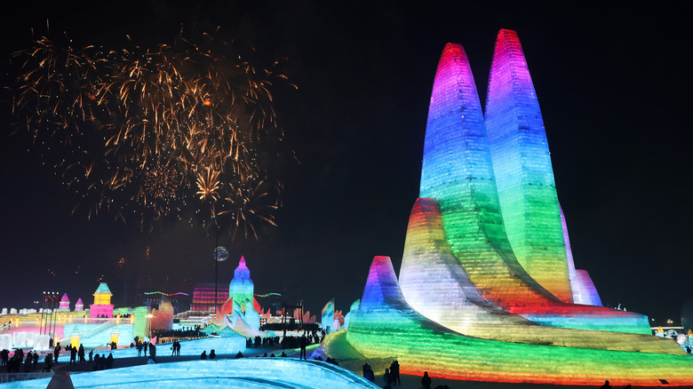 Harbin's Ice and Snow Festival lit up at night