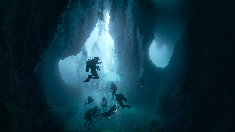 Group of divers at the bottom of a cavern