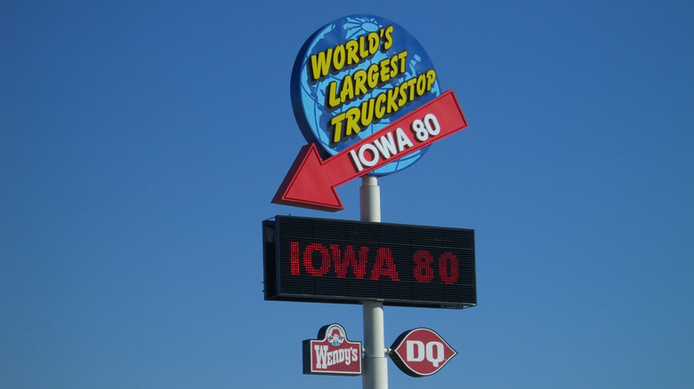 Highway sign pointing to Iowa 80 truck stop