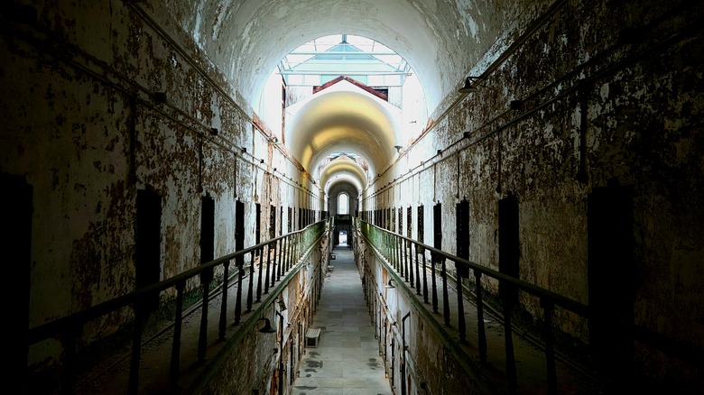 Shadowy cellblock in Philadelphia's Eastern State Penitentiary