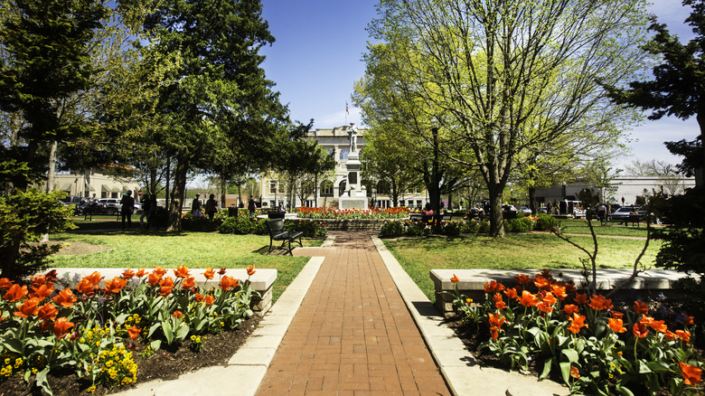 Panoramic view of Bentonville town square with flowers