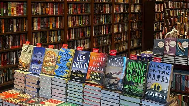 The Mysterious Bookshop display table in full bookstore