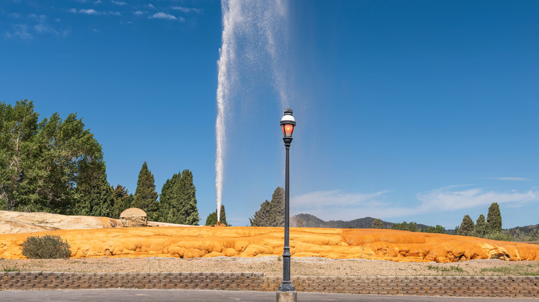 View of Soda Springs geyser erupting from the street