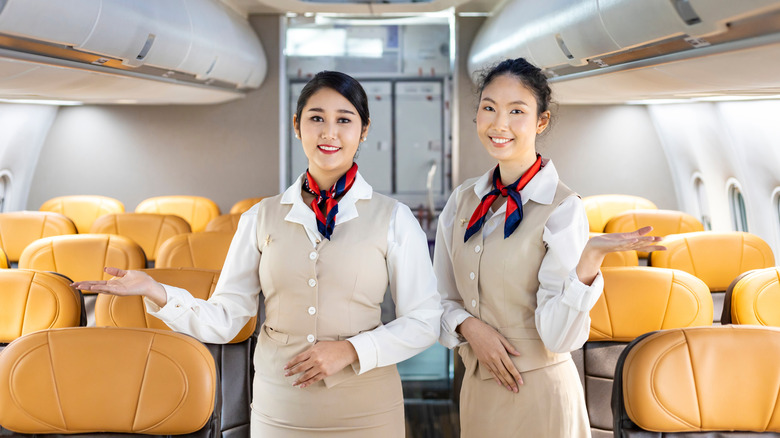 two flight attendants smiling on plane