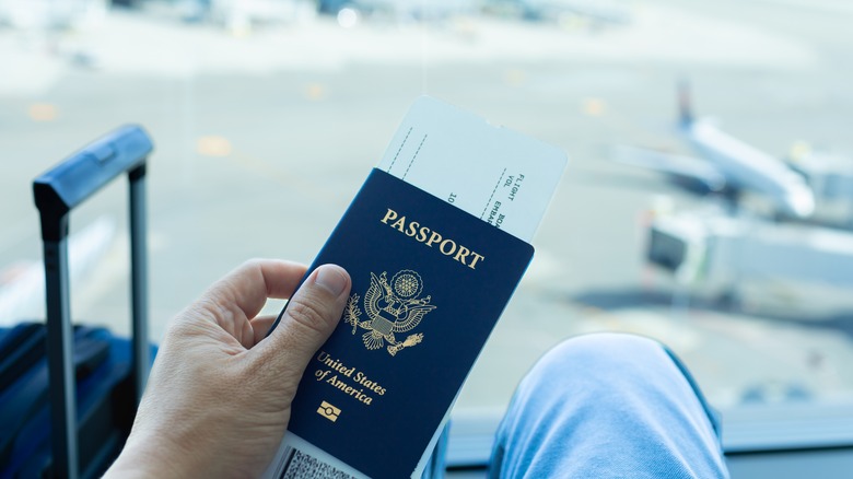 Handheld U.S. passport at airport