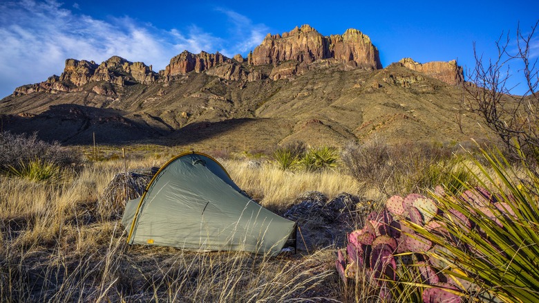 Tent with mountains in background