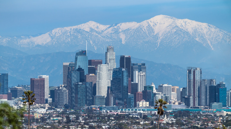 Los Angeles skyline with mountains