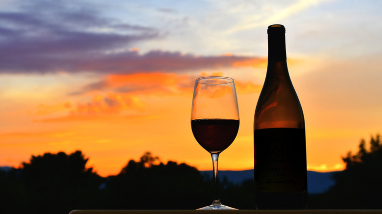 A glass and a bottle of Virginia wine with views of a sunset sky