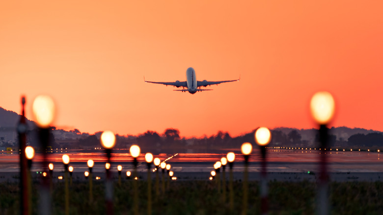 An airplane safely takes off at sunset