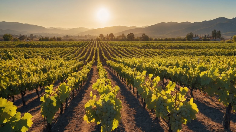 sun setting over a vineyard