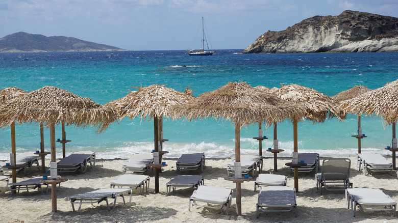 Umbrellas and sunbeds on Greek beach