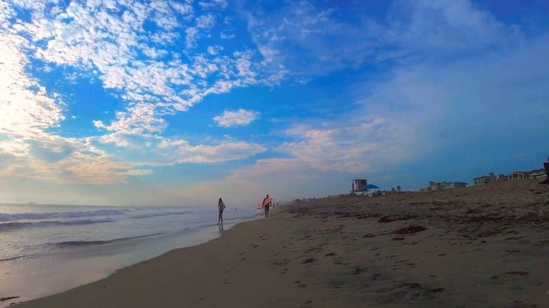 Bathers on long, wide beach