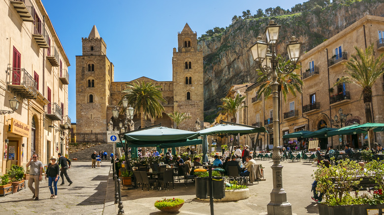 Medieval church and plaza in Cefalù, Italy