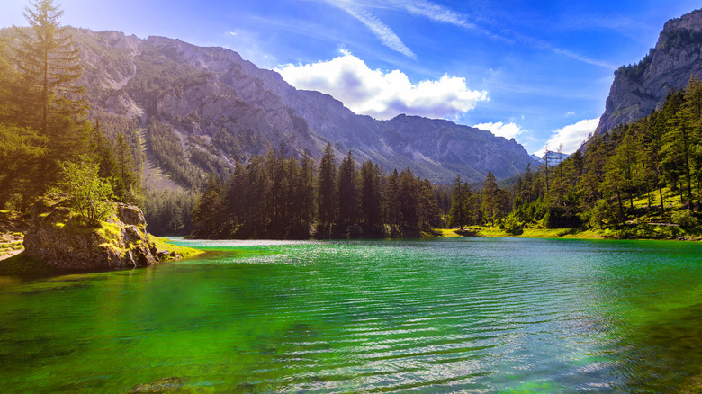 Emerald green lake in the Alps