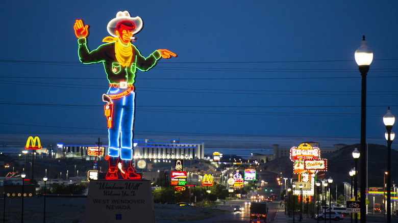 Wendover Will neon cowboy illuminated in West Wendover, NV