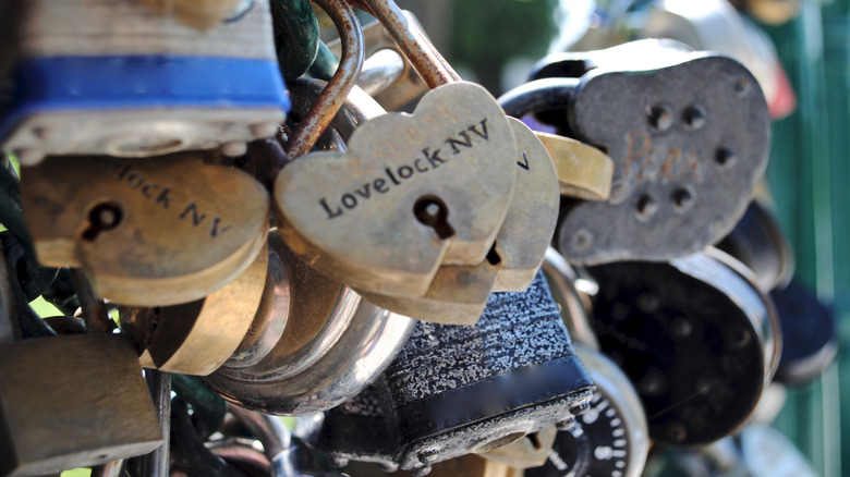 Locks on the chain in Lover's Lock Plaza, Lovelock, Nevada