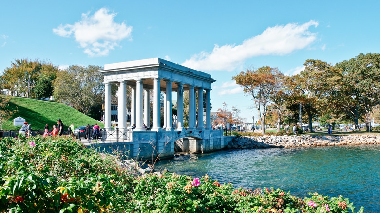 view of the Plymouth Rock Portico and surrounding bayside