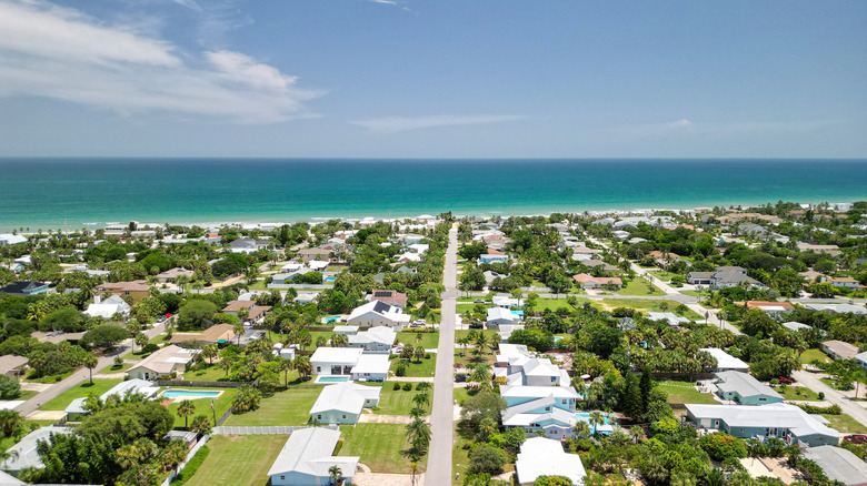 An aerial view of a Melbourne neighborhood and beach