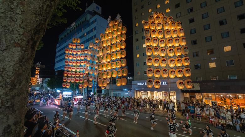 Paper lanterns hung near buildings in Japan's Akita Prefecture