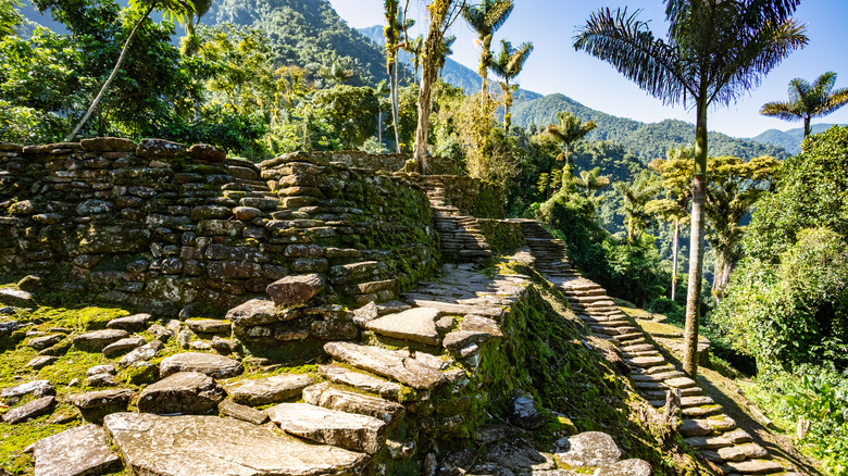 Ancient stone stairs and walls in the Lost City in Colombia