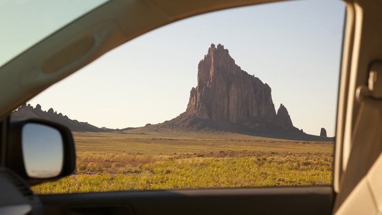 Shiprock, New Mexico, viewed from a car window