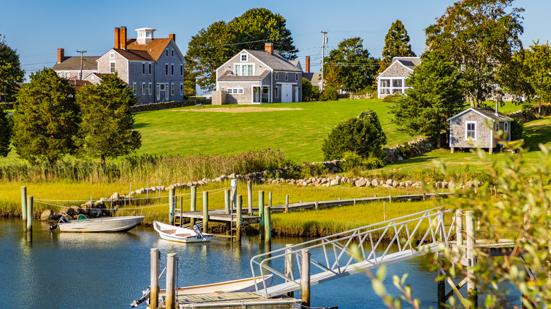 Houses and boats in Westport, Massachusetts, on the Farm Coast