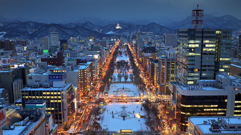 An aerial view of a snowy city center