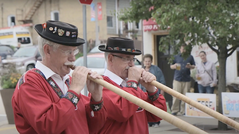 New Glarus residents in traditional Swiss attire