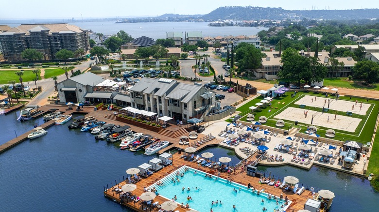 Overhead of the Horseshoe Bay Resort's floating pool with the lake in the background