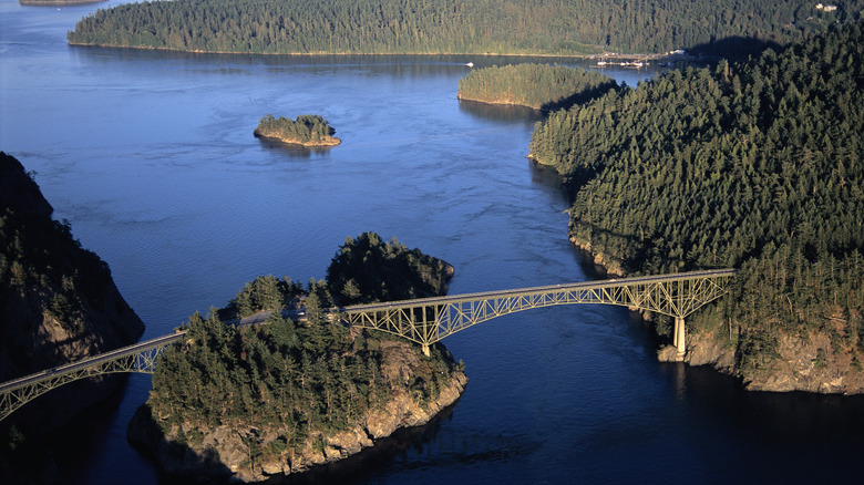 Aerial view of Deception Pass connecting Fidalgo and Whidbey islands, Washington