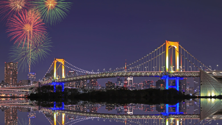 Odaiba's famous Rainbow Bridge in Tokyo Bay at night