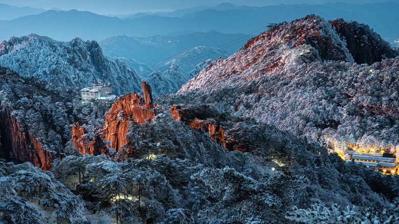 View of the Huangshan mountain range in the evening during the winter in Anhui, China