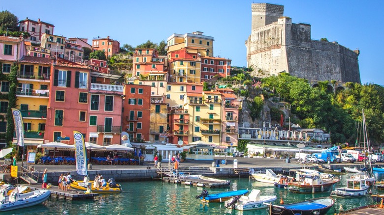 Colorful village and castle by harbor