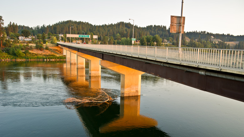 The Kootenai River flowing by downtown Bonners Ferry, Idaho