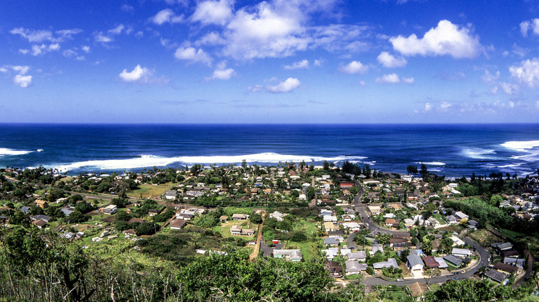 Aerial view of the North Shore of Oahu, with houses and shops shown from above and the ocean in the distance.