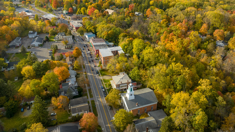 Autumn aerial shot of Trumansburg