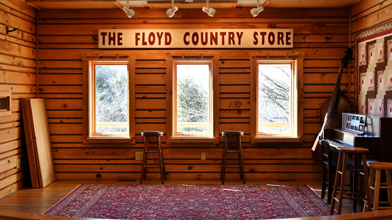 floyd country store with an empty musical performance stage and instruments