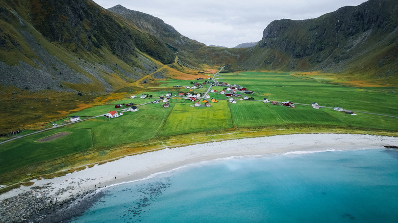 Turquoise water, white sands, green grass and mountains along the curve of a beach in Lofoten, Norway