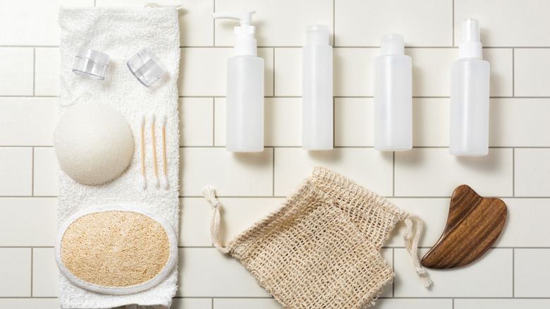 Toiletries on white counter