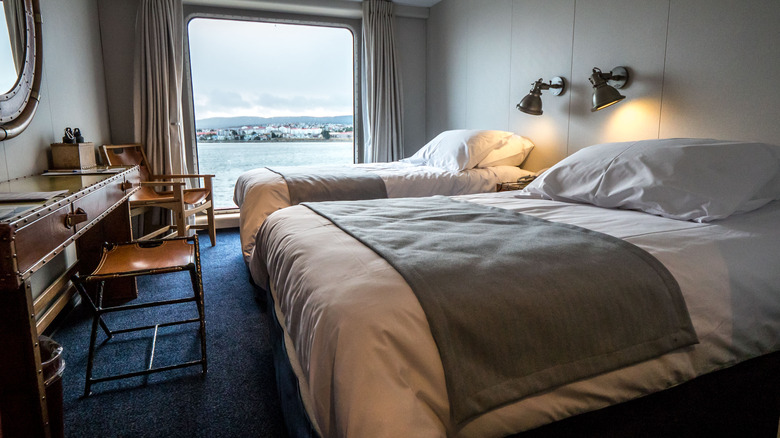 Two beds in a cruise ship cabin