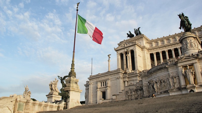 Italian flag flying in front of Victor Emmanuel Monument, Rome