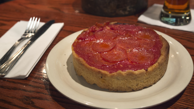 A deep dish pepperoni pizza.