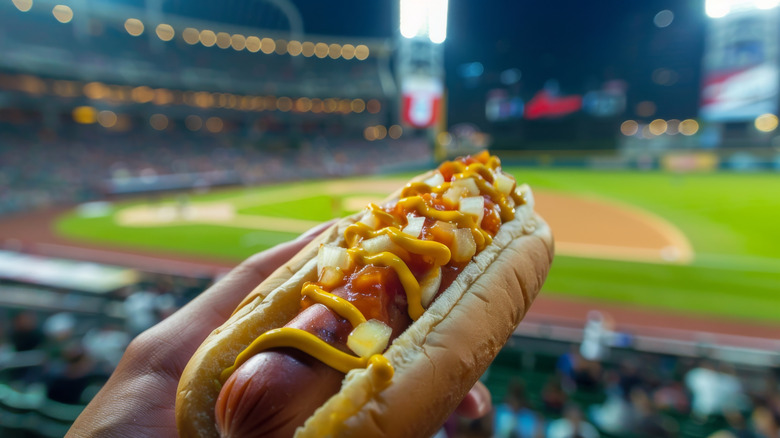 A person holding a hot dog