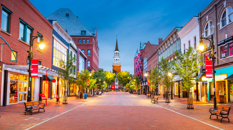 Burlington Vermont pedestrian shopping street church