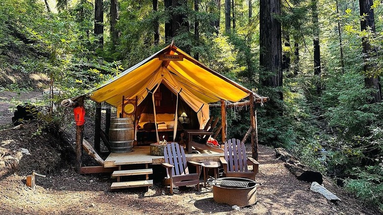 Front view of a glamping site backed up against redwoods at the Alila Ventana Big Sur Resort