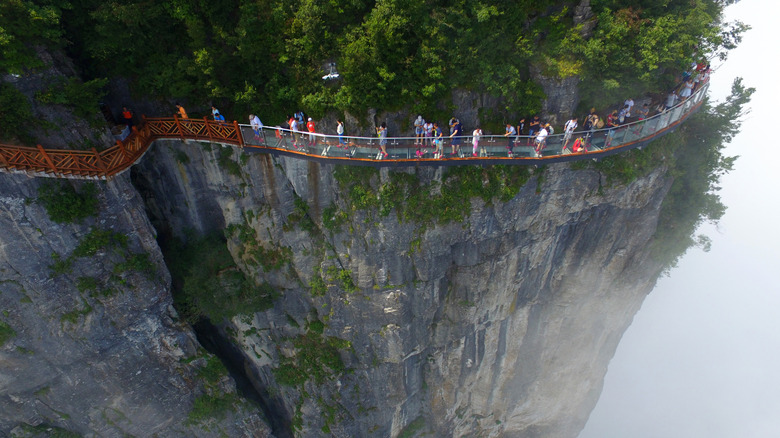 Walkers above the clouds on Tianmen Mountains' glass bridge