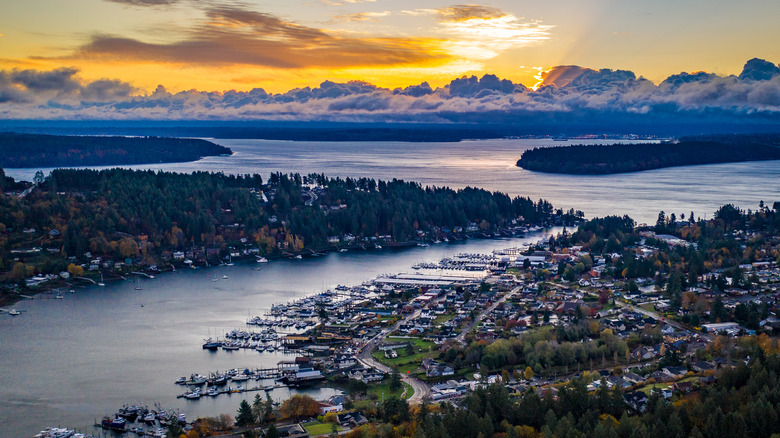 Aerial view of Gig Harbor, WA at sunrise