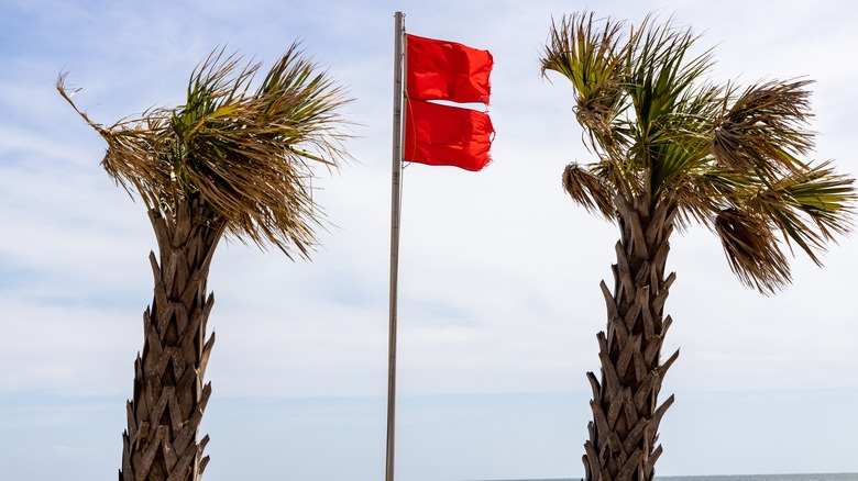 Double red flag on the beach