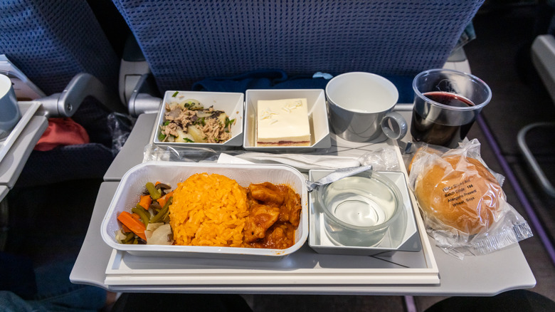 An in-flight meal on a plane tray